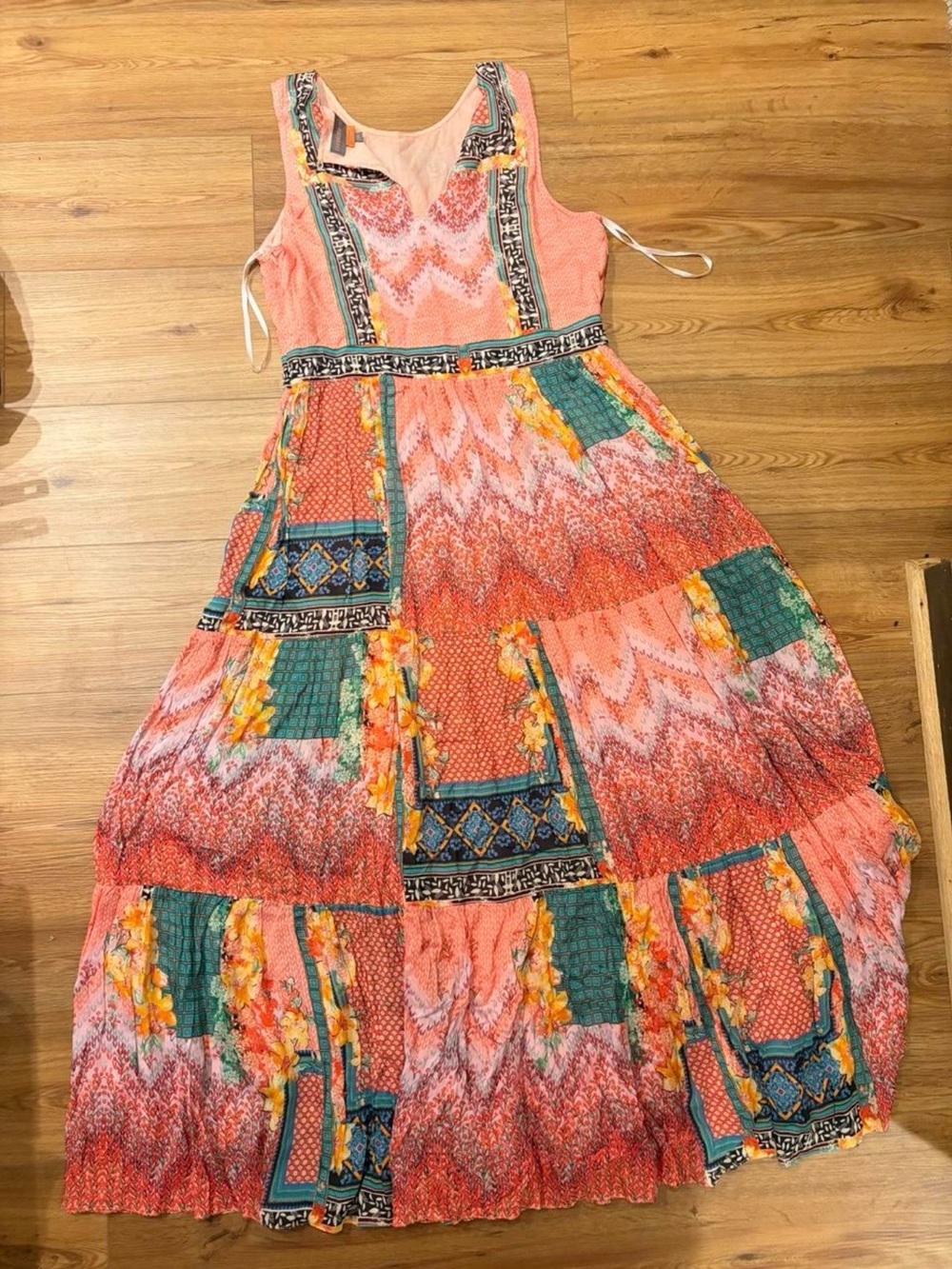 Women’s Anthropolgie Coral Patchwork Maxi Dress with Teal Accents